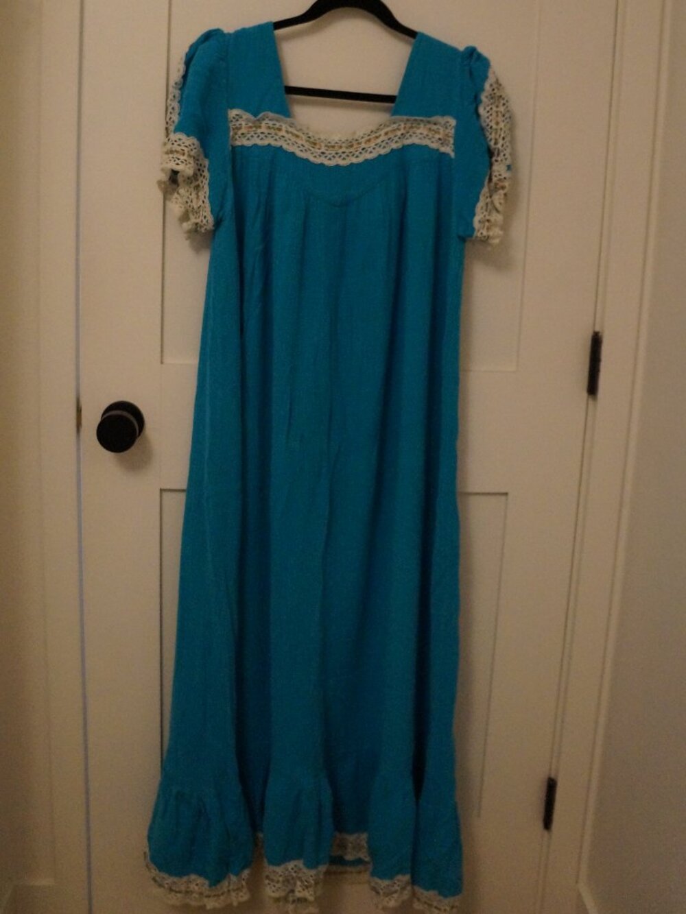 Vintage 70s Teal Blue Maxi Dress Nightgown Smocked Embroidered Handmade #070
